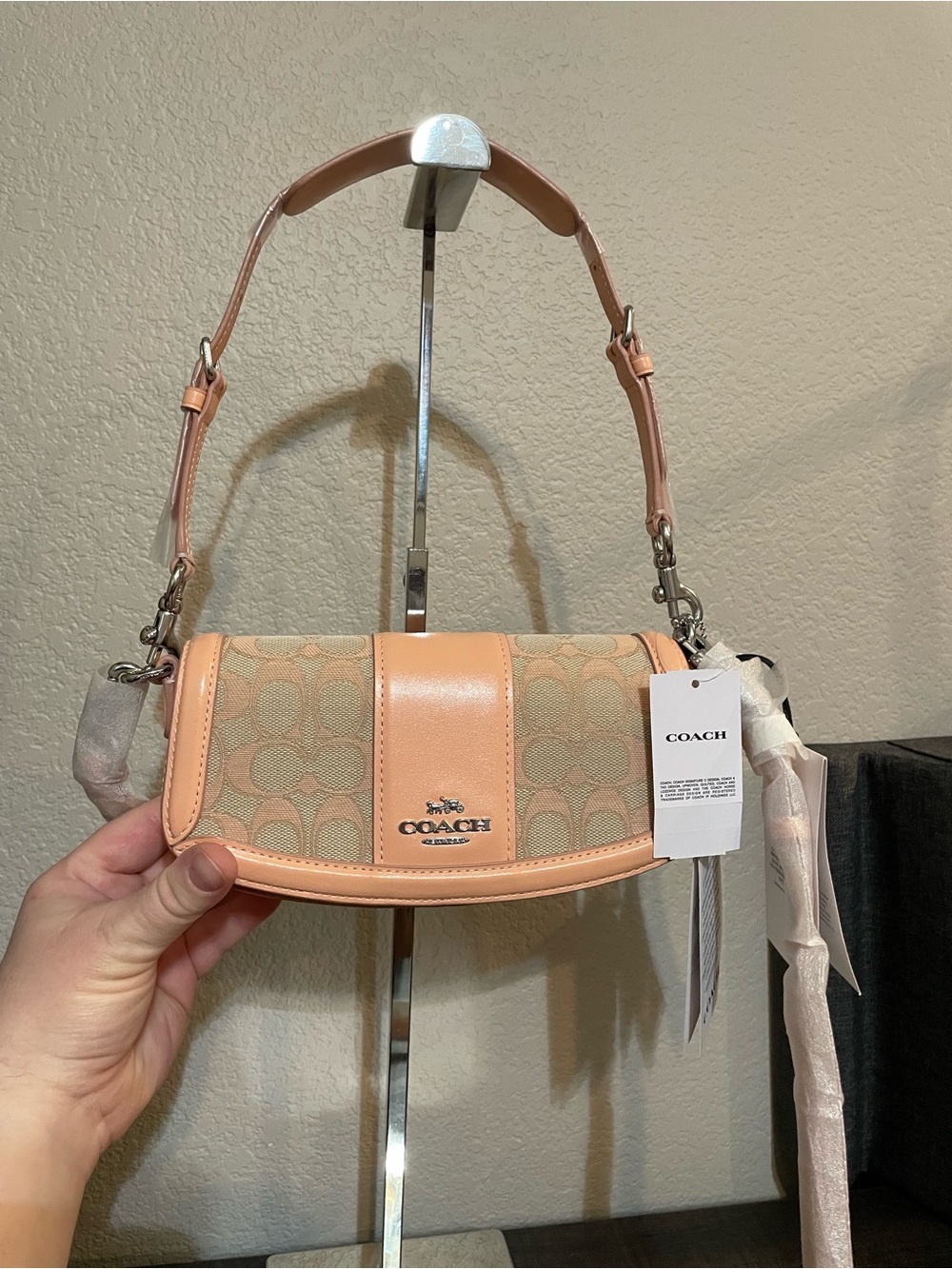 Coach Pink Signature Canvas Shoulder Bag with Leather Trim